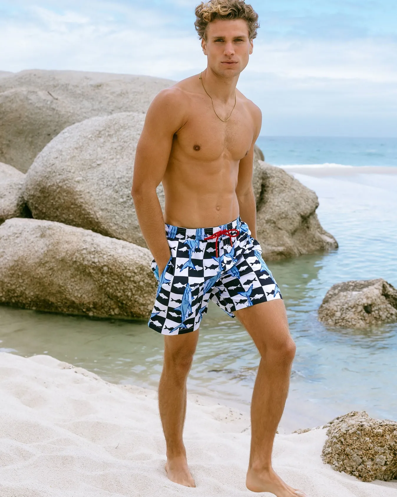 Checkerboard Shark Print Swim Shorts