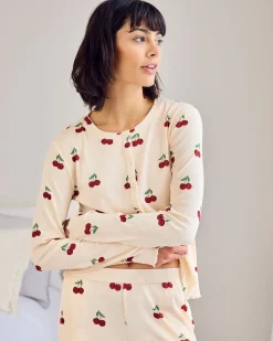 Cherry Print Cardigan Ribbed Long Pyjama Set