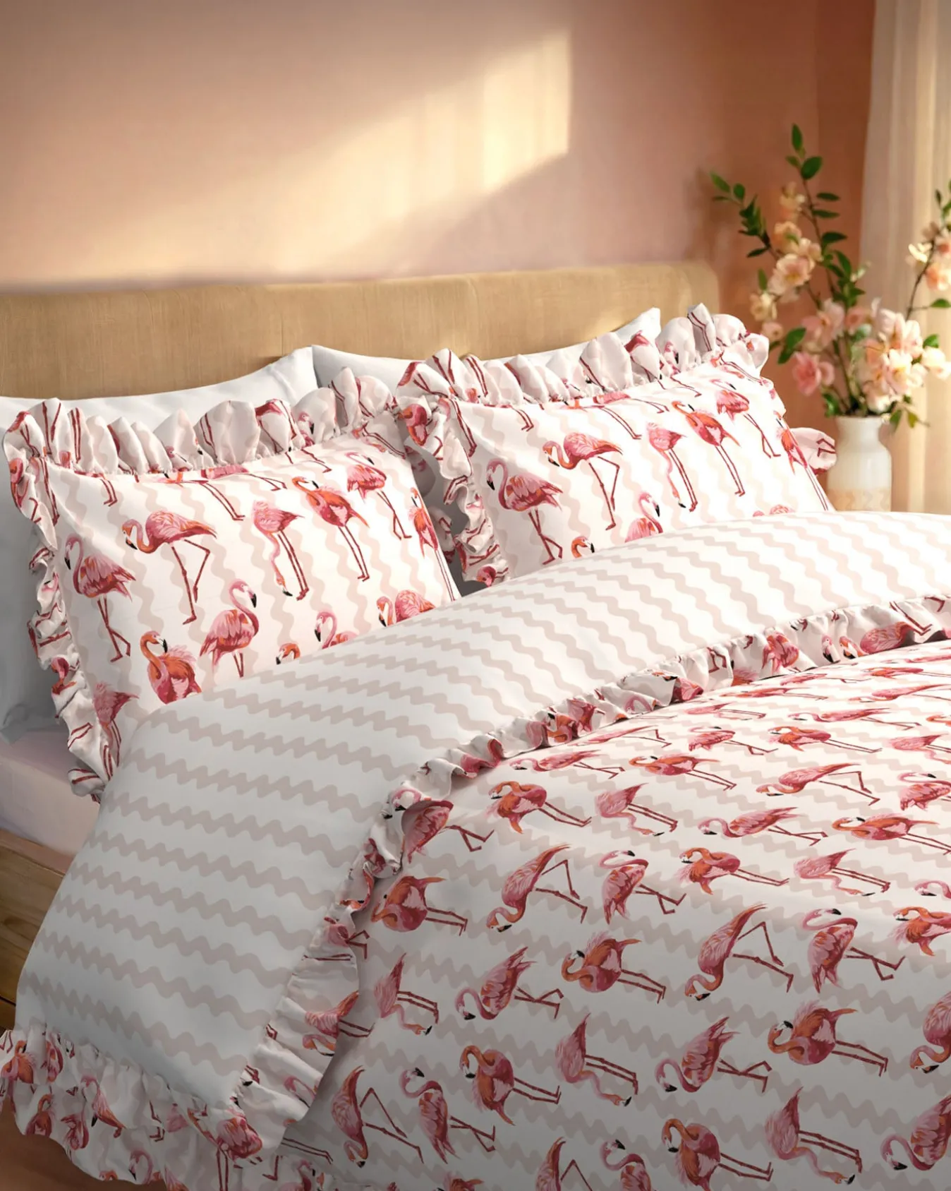 Cotton Flamingo Stripe Print Reversible Frill Bedding Set