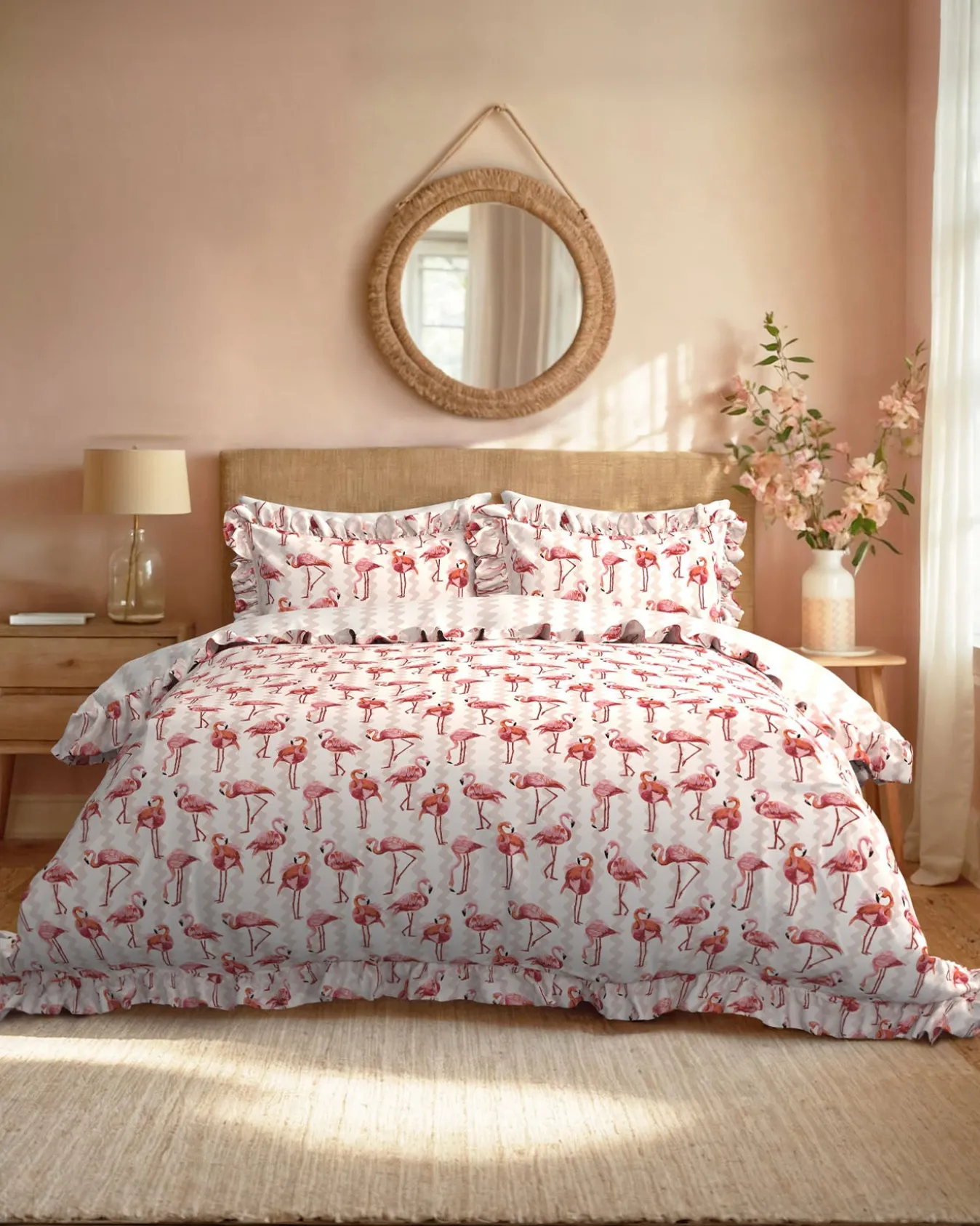 Cotton Flamingo Stripe Print Reversible Frill Bedding Set