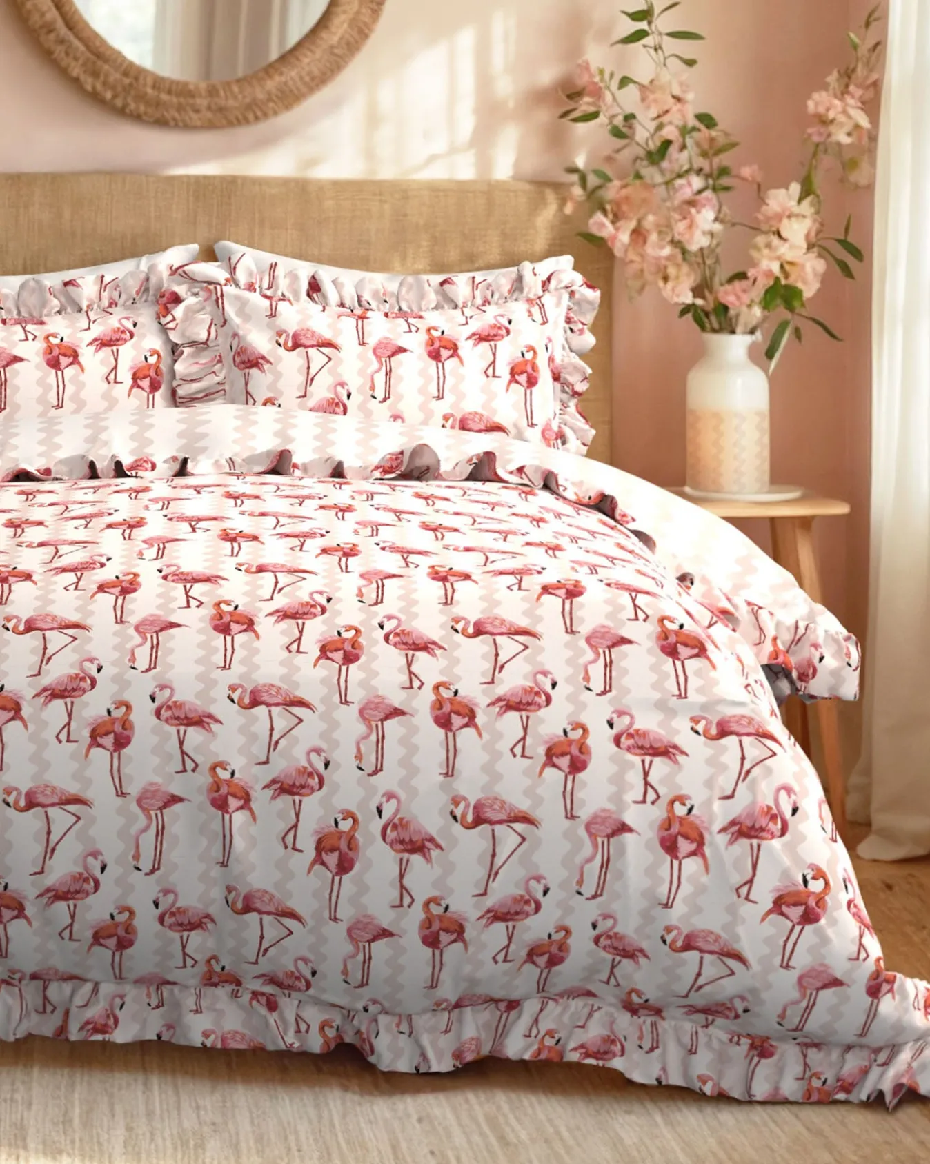 Cotton Flamingo Stripe Print Reversible Frill Bedding Set