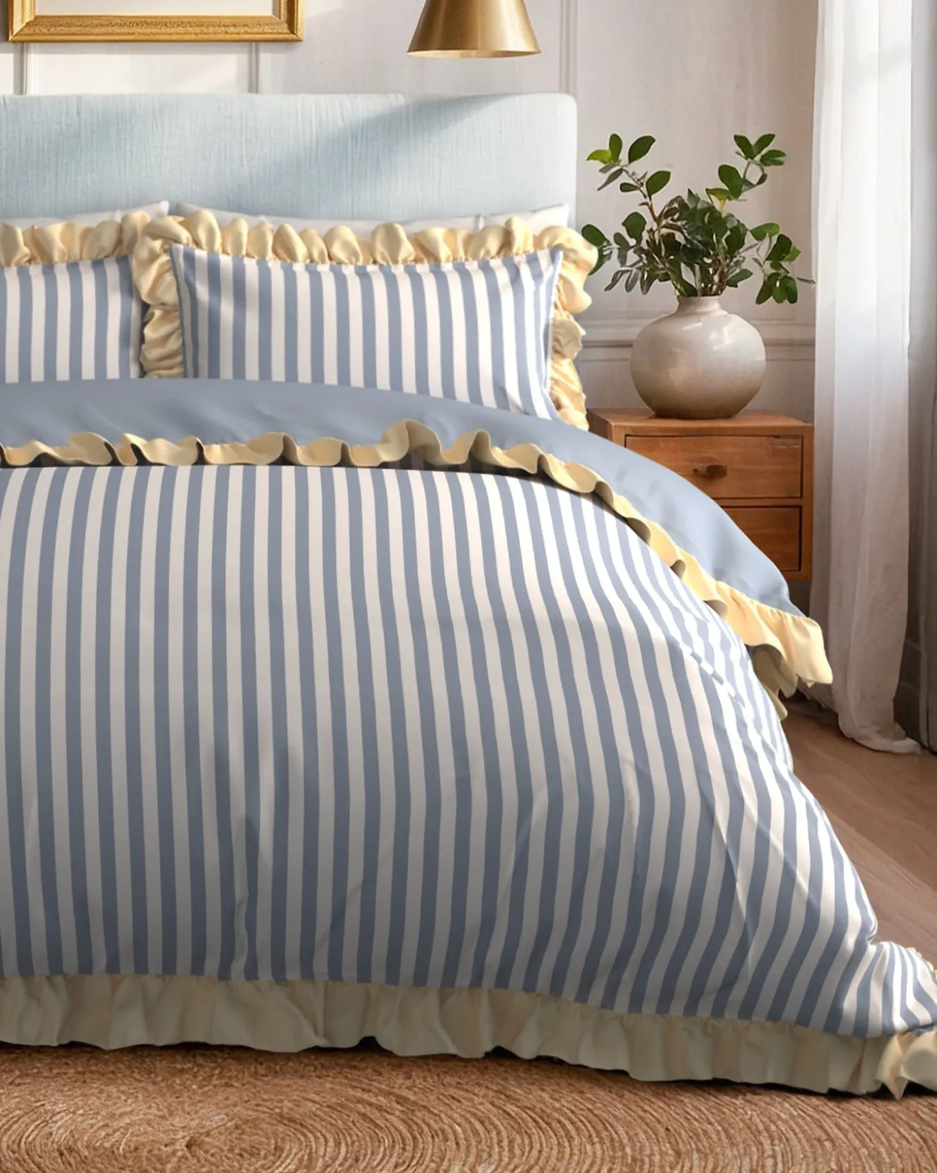 Cotton Stripe Reversible Frill Bedding Set - Blue & White