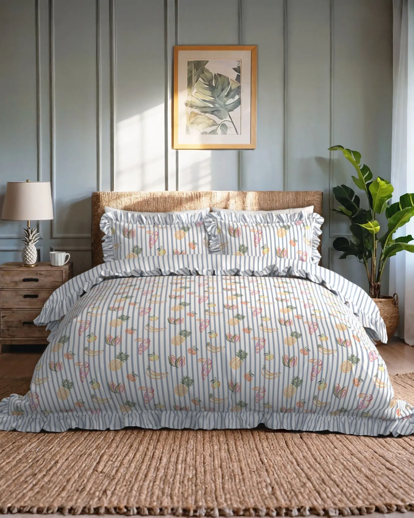 Cotton Toucan & Fruit Stripe Print Reversible Frill Bedding Set