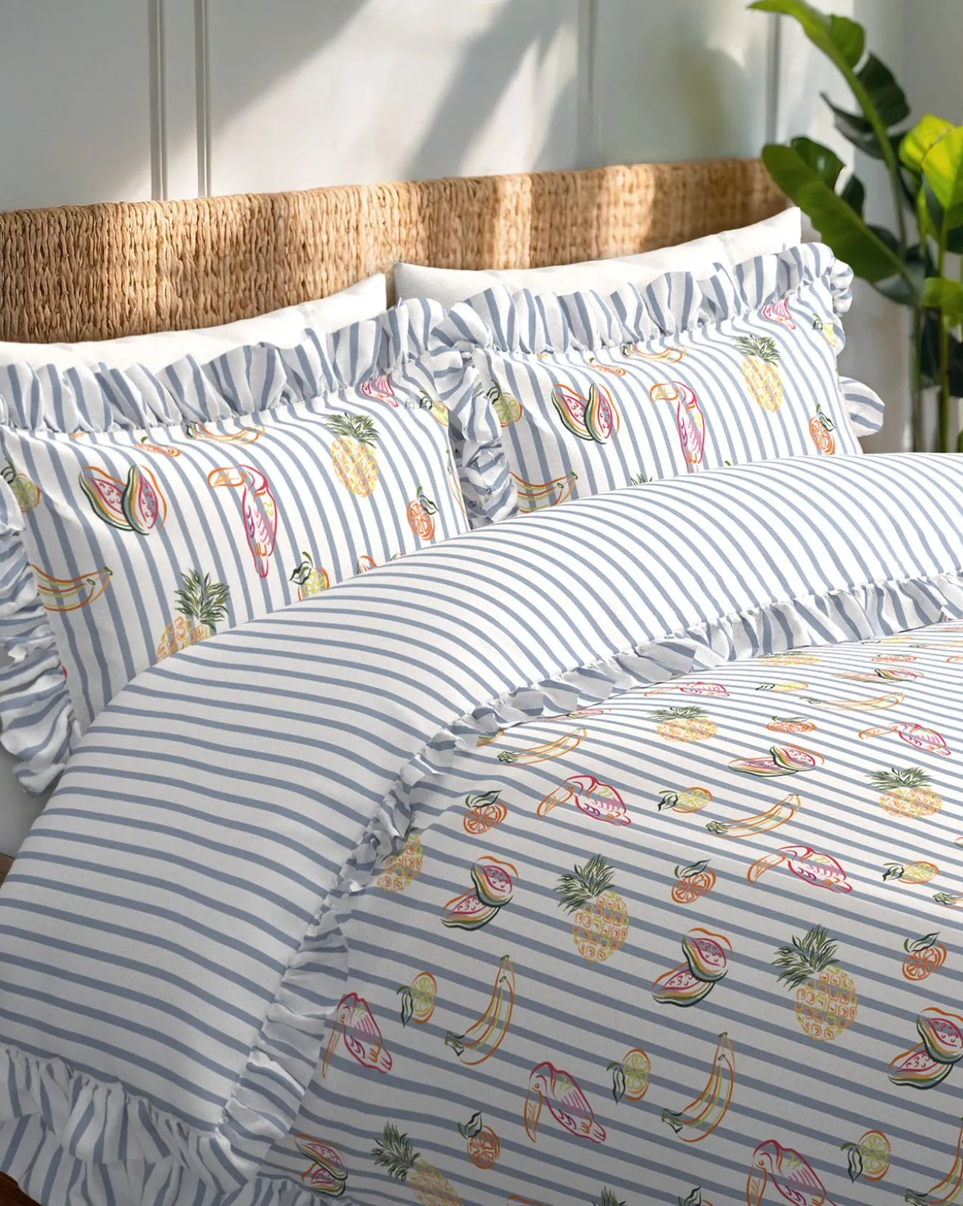 Cotton Toucan & Fruit Stripe Print Reversible Frill Bedding Set