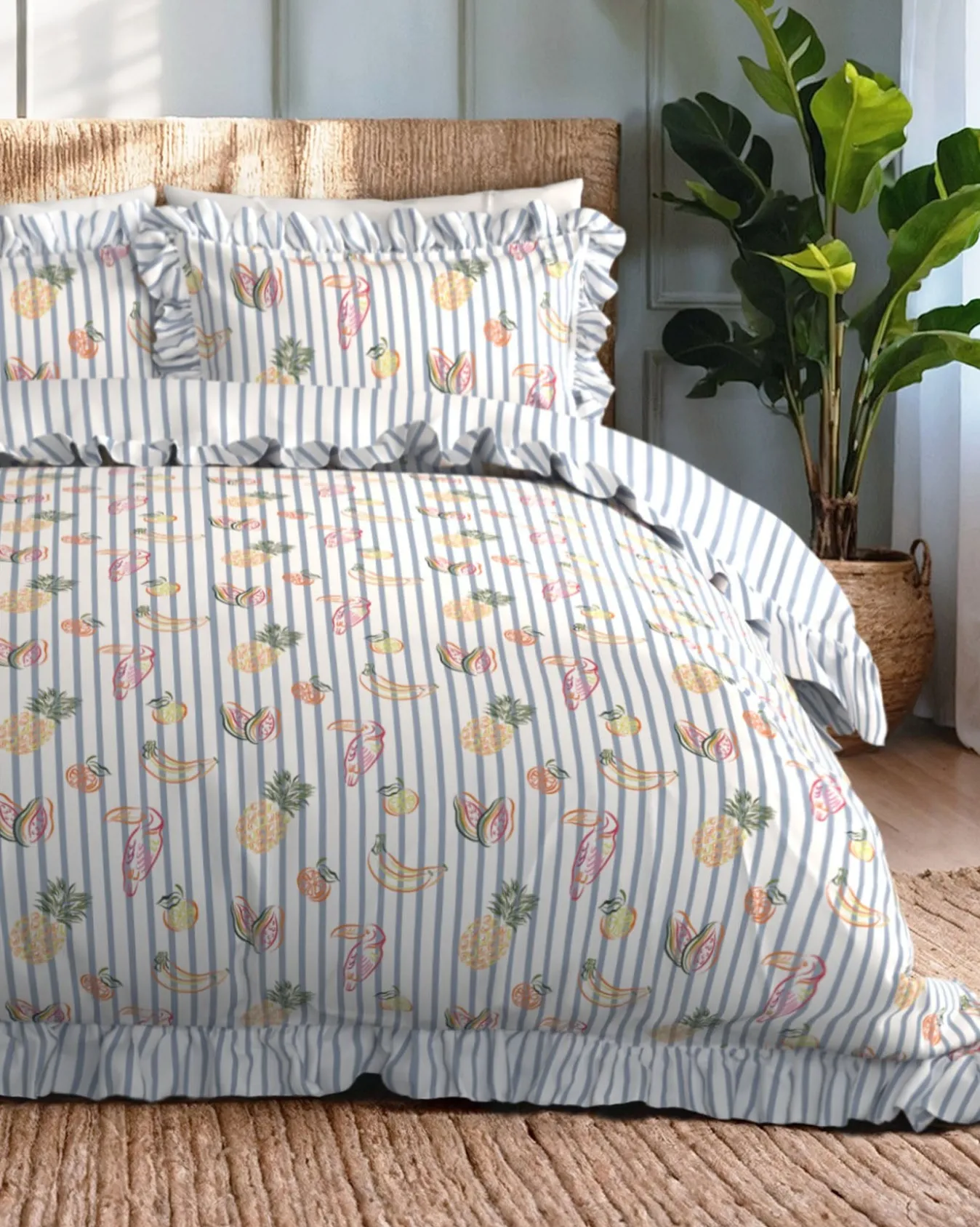 Cotton Toucan & Fruit Stripe Print Reversible Frill Bedding Set