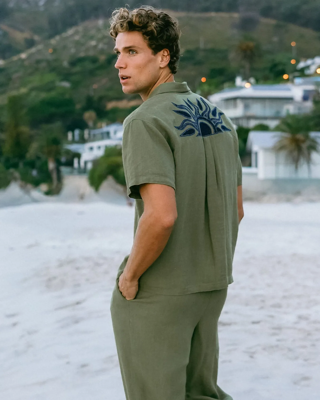 Linen Blend Embroidered Back Short Sleeve Shirt