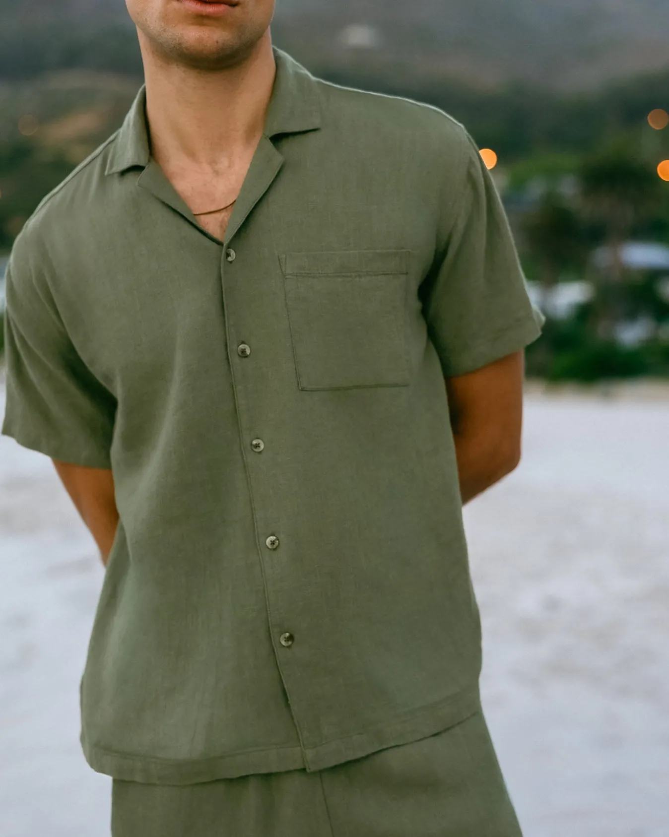Linen Blend Embroidered Back Short Sleeve Shirt