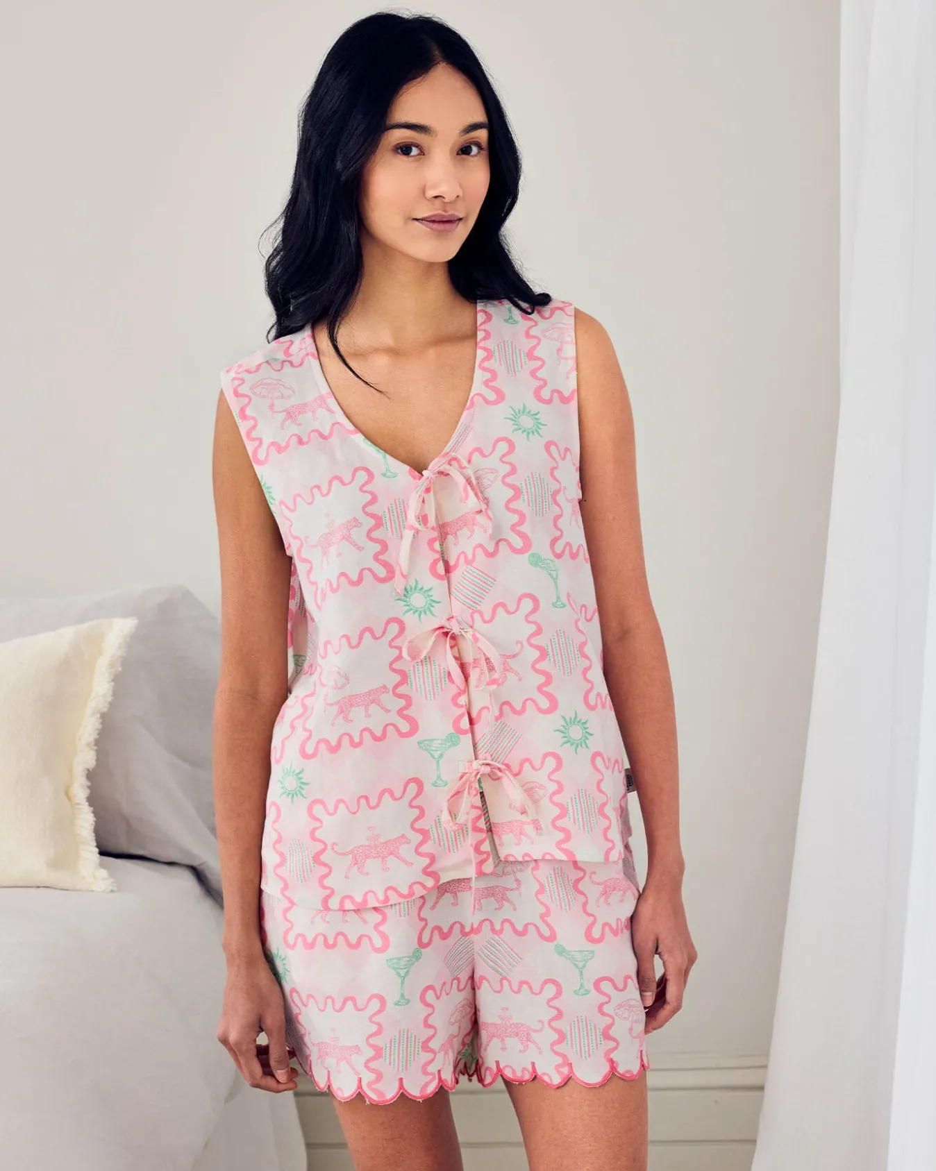Linen-Blend Tie Front Cami Cocktail Leopard Geo Print Short Pyjama Set