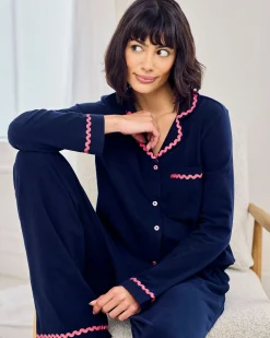 Organic Cotton Embroidered Back Good Morning Long Pyjama Set - Navy