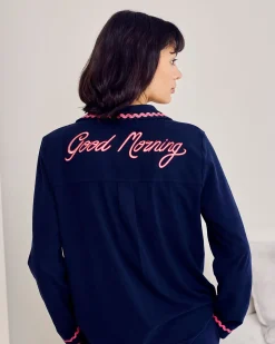 Organic Cotton Embroidered Back Good Morning Long Pyjama Set - Navy