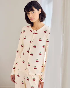 Petite Cherry Print Cardigan Ribbed Long Pyjama Set