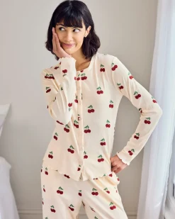 Petite Cherry Print Cardigan Ribbed Long Pyjama Set