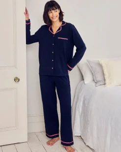 Petite Organic Cotton Embroidered Back Good Morning Long Pyjama Set - Navy