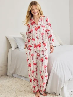 Petite Organic Cotton Flamingo Stripe Print Long Pyjama Set