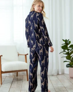 Petite Organic Cotton Giraffe Print Long Pyjama Set - Navy