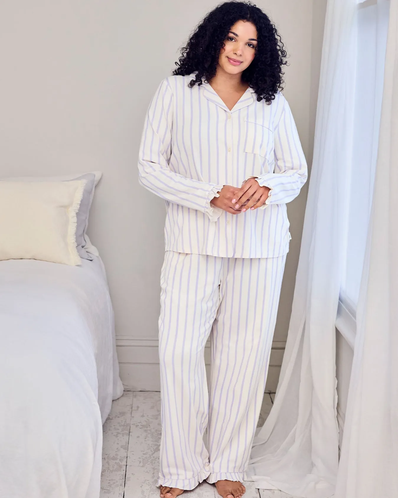 Petite Organic Cotton Lilac Stripe Frill Long Pyjama Set