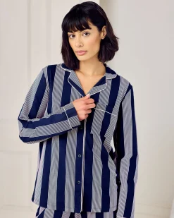 Petite Organic Cotton Stripe Button Up Pyjama Set - Navy
