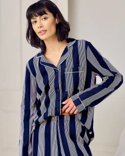 Petite Organic Cotton Stripe Button Up Pyjama Set - Navy