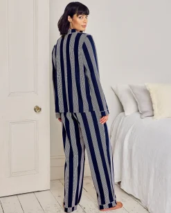 Petite Organic Cotton Stripe Button Up Pyjama Set - Navy