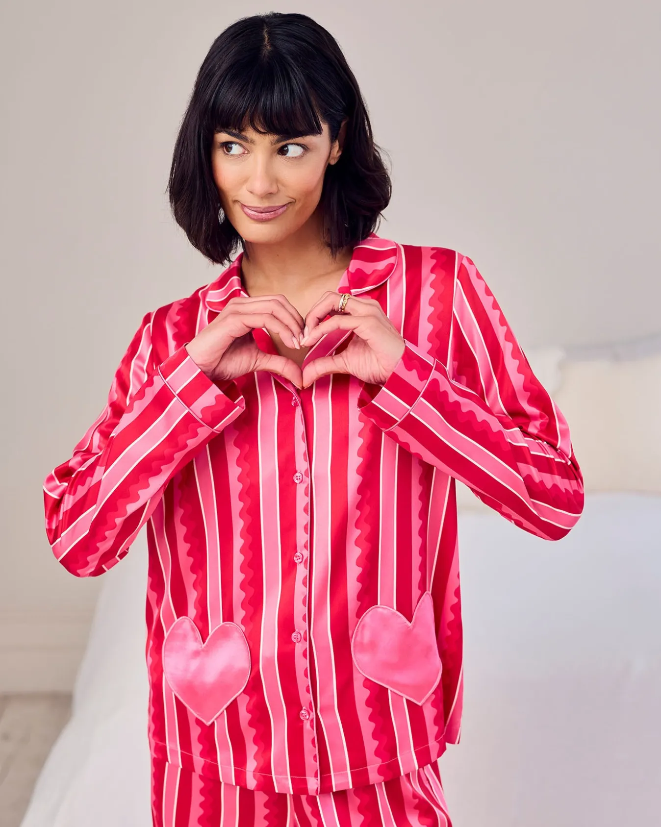 Petite Satin Heart Pocket Striped Long Pyjama Set - Pink
