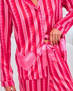 Petite Satin Heart Pocket Striped Long Pyjama Set - Pink