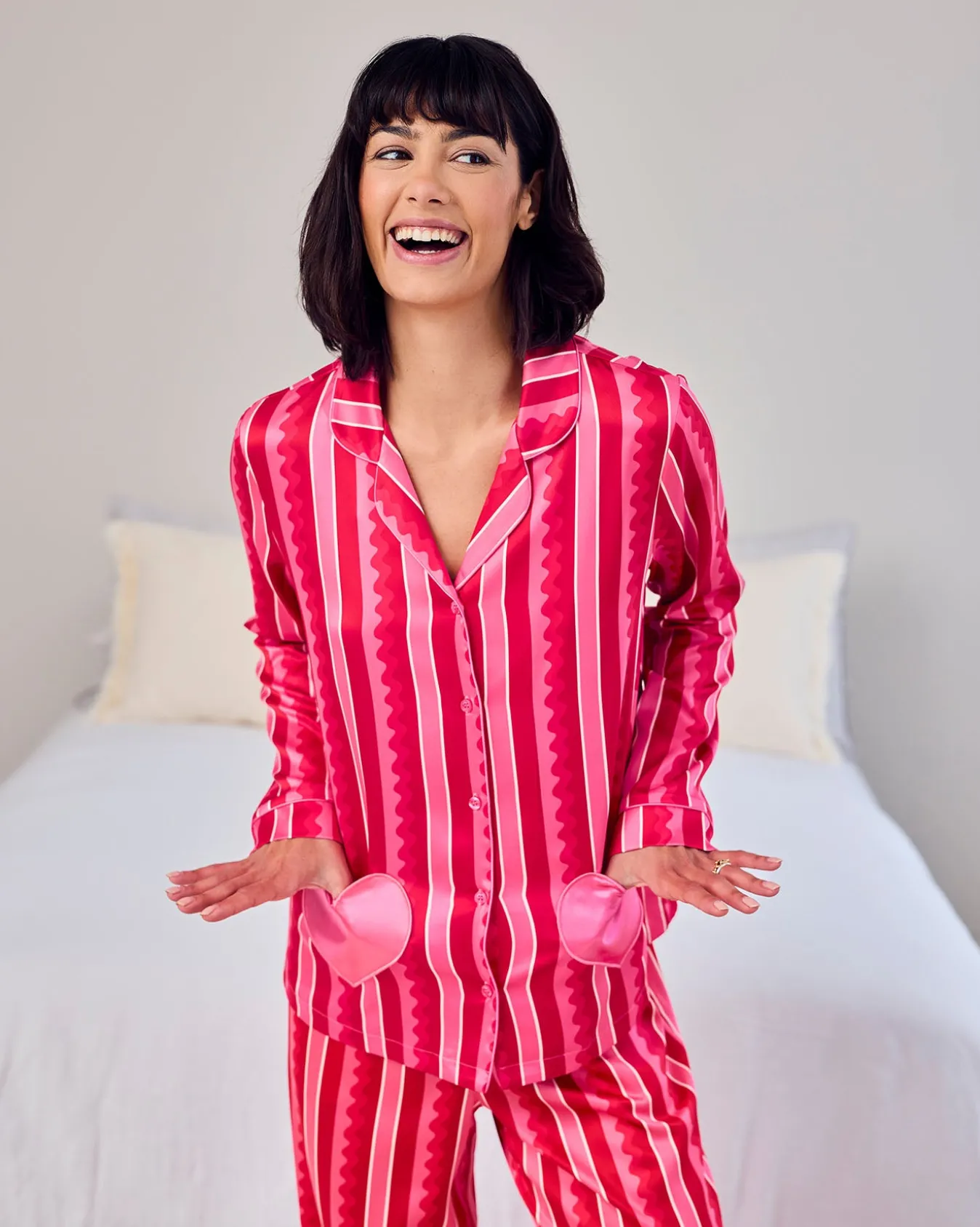 Petite Satin Heart Pocket Striped Long Pyjama Set - Pink