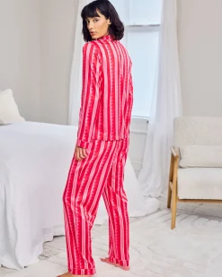 Petite Satin Heart Pocket Striped Long Pyjama Set - Pink