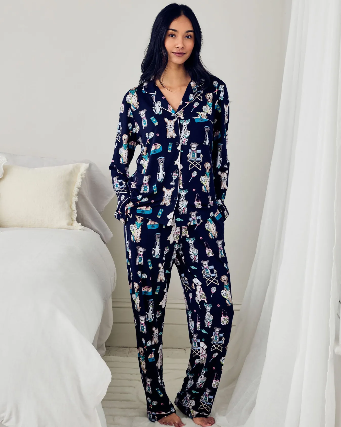 Petite TENCEL™ Modal Tennis Dogs Print Long Pyjama Set - Navy