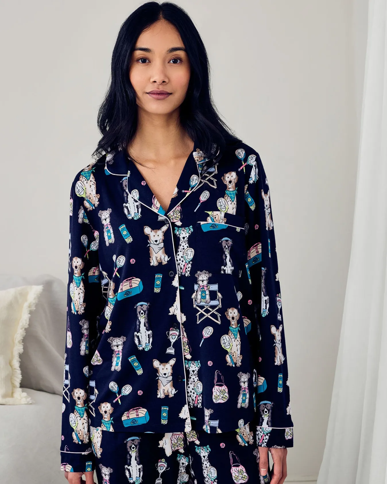 Petite TENCEL™ Modal Tennis Dogs Print Long Pyjama Set - Navy