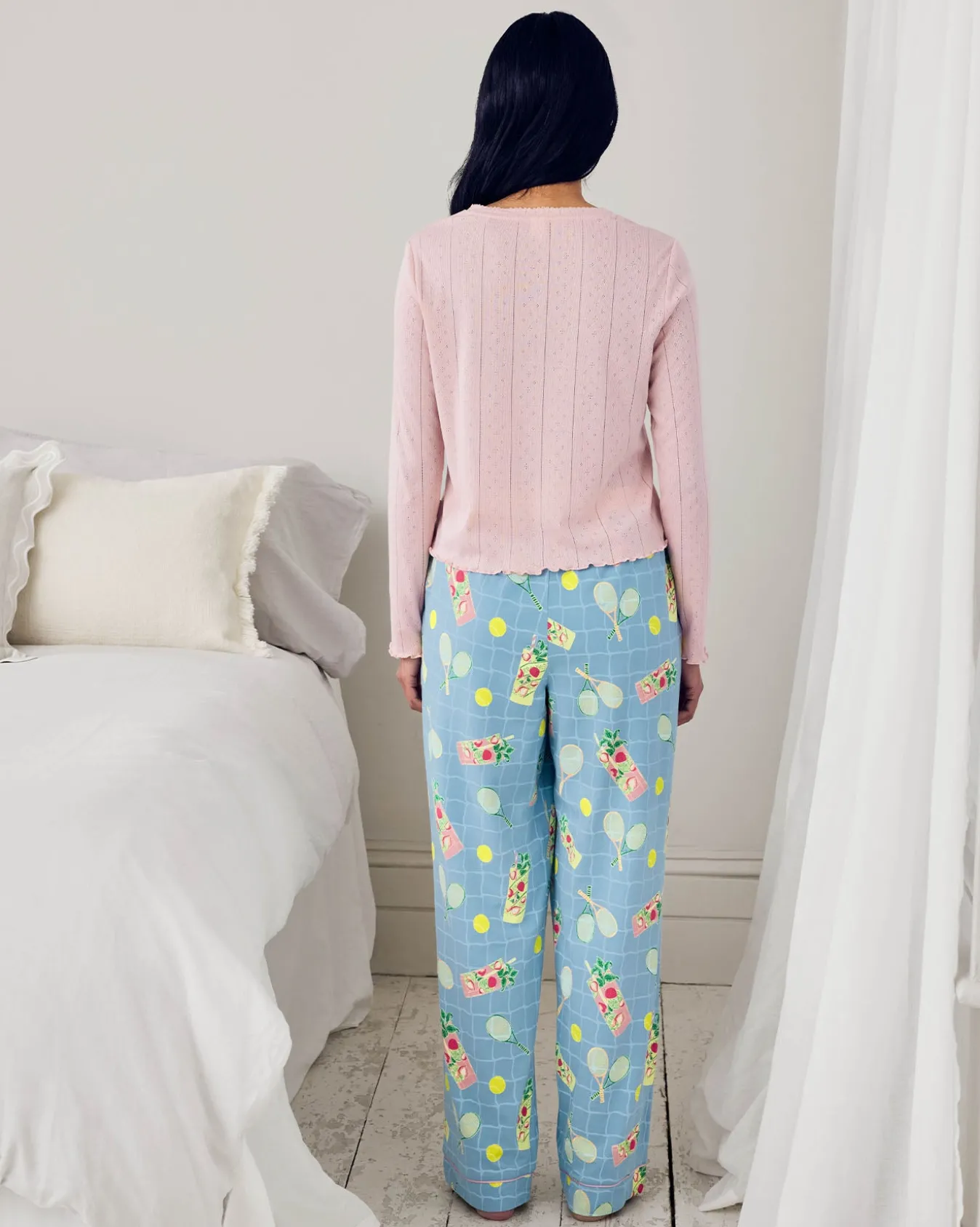 Pointelle & Organic Cotton Tennis & Cocktails Print Long Pyjama Set