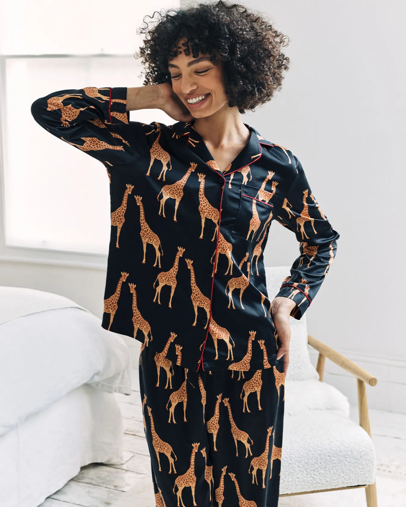 Satin Giraffe Print Long Pyjama Set - Navy