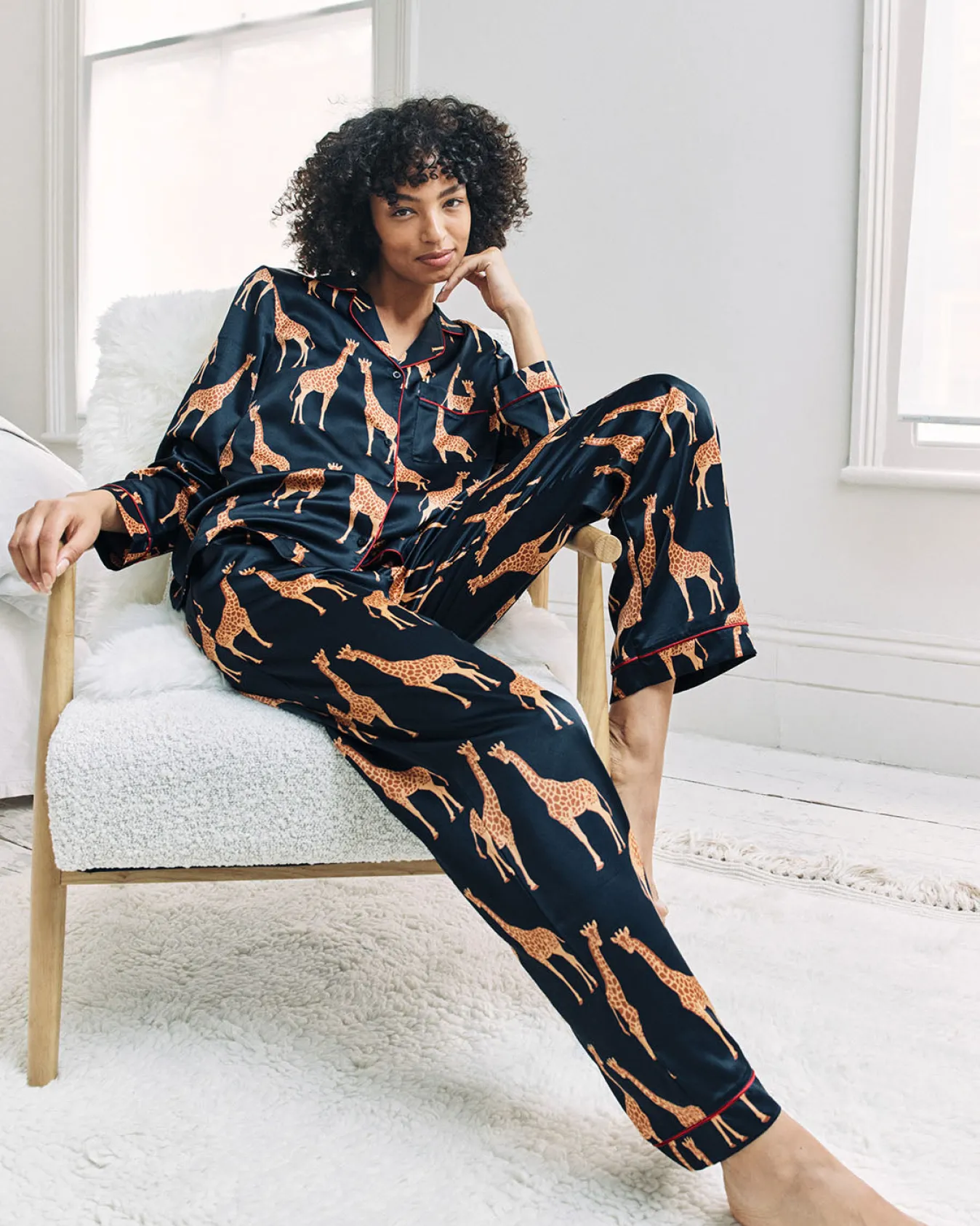 Satin Giraffe Print Long Pyjama Set - Navy