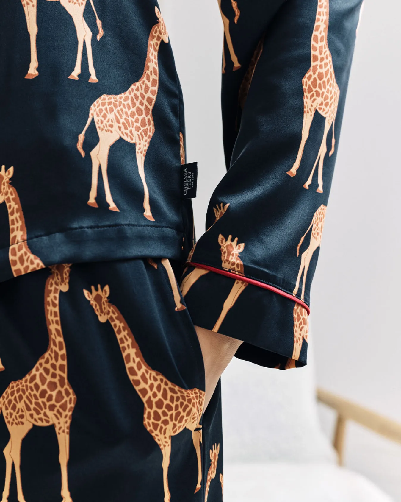 Satin Giraffe Print Long Pyjama Set - Navy