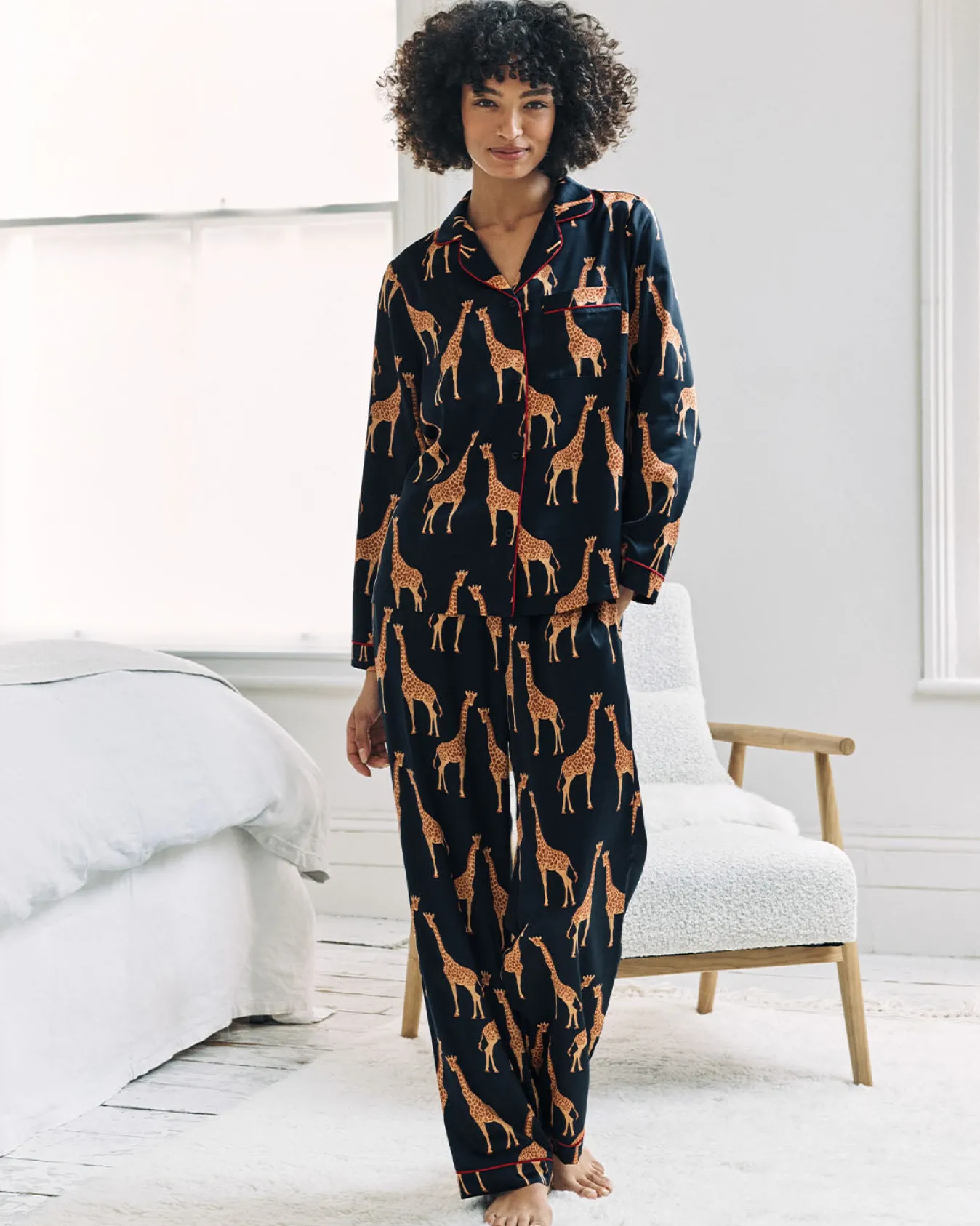 Satin Giraffe Print Long Pyjama Set - Navy