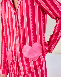 Satin Heart Pocket Striped Long Pyjama Set - Pink