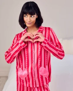 Satin Heart Pocket Striped Long Pyjama Set - Pink