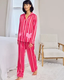 Satin Heart Pocket Striped Long Pyjama Set - Pink
