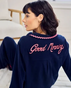 Tall Organic Cotton Embroidered Back Good Morning Long Pyjama Set - Navy