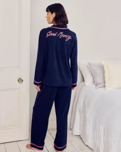 Tall Organic Cotton Embroidered Back Good Morning Long Pyjama Set - Navy