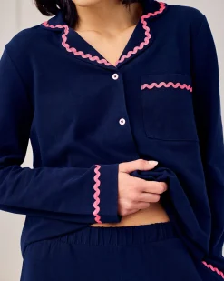 Tall Organic Cotton Embroidered Back Good Morning Long Pyjama Set - Navy