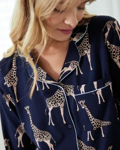 Tall Organic Cotton Giraffe Print Long Pyjama Set - Navy