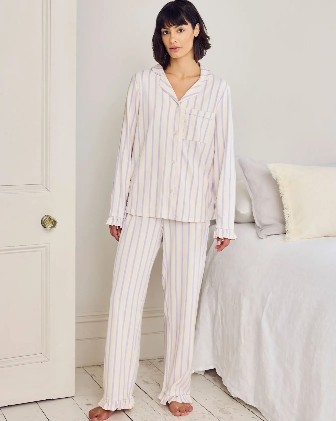 Tall Organic Cotton Lilac Stripe Frill Long Pyjama Set