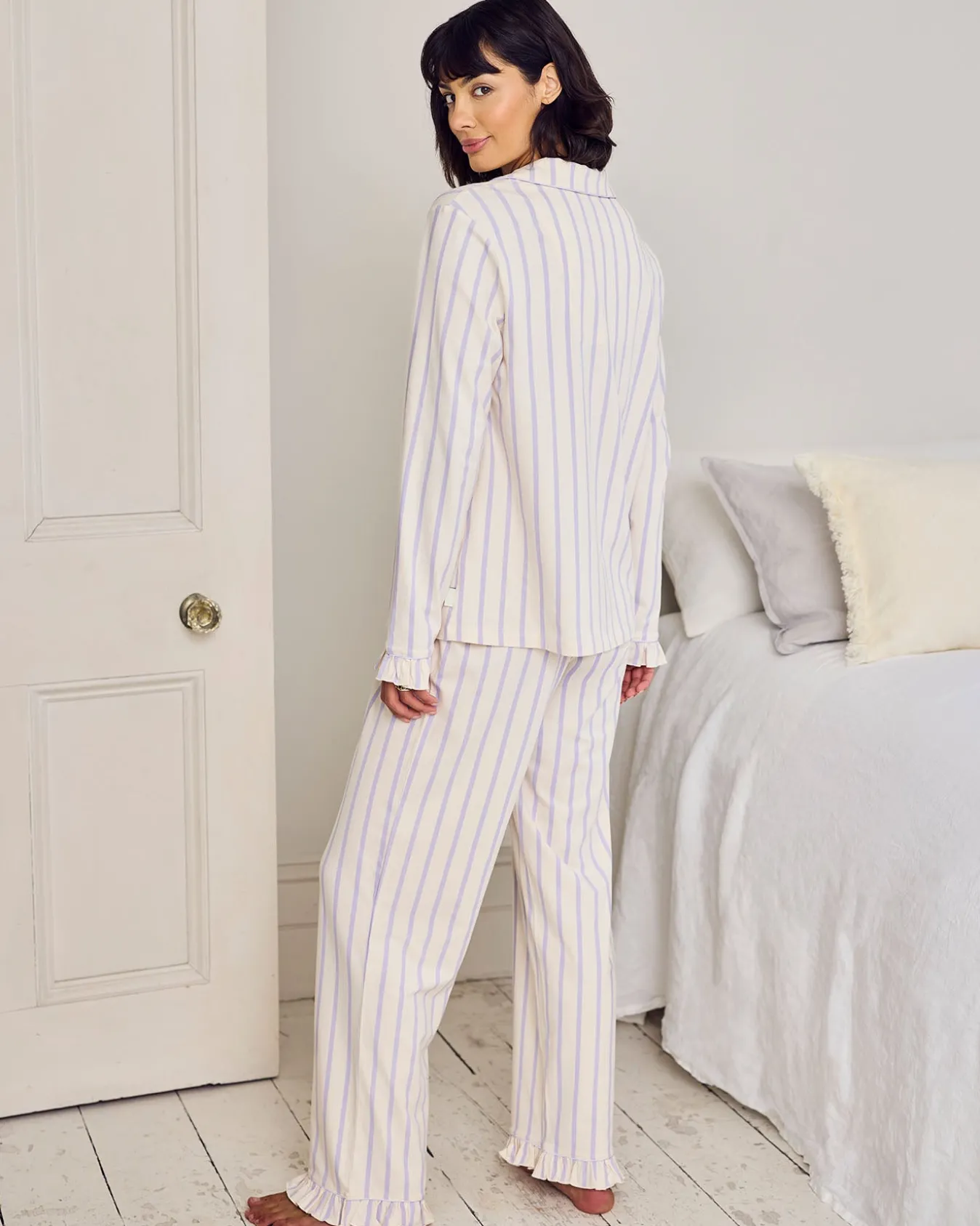 Tall Organic Cotton Lilac Stripe Frill Long Pyjama Set