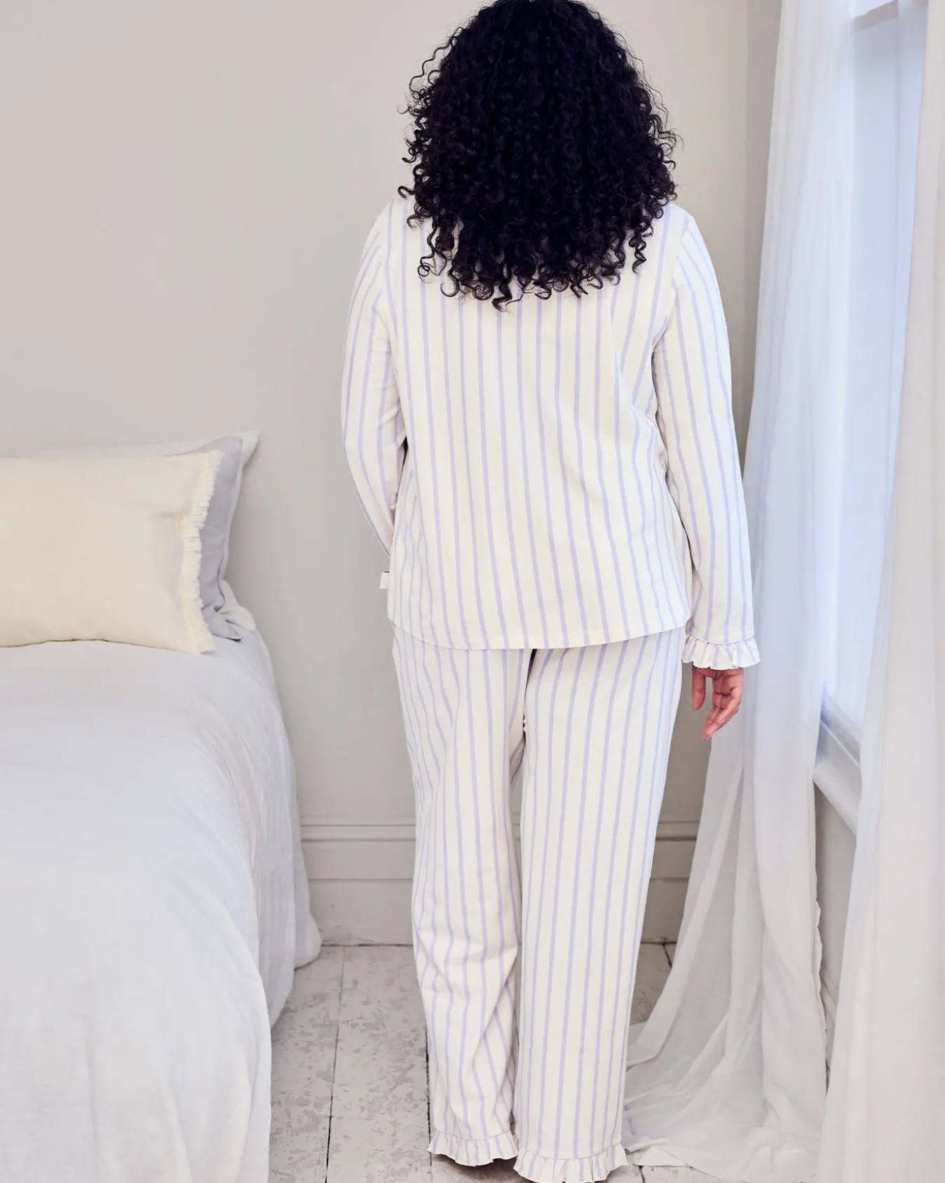 Tall Organic Cotton Lilac Stripe Frill Long Pyjama Set