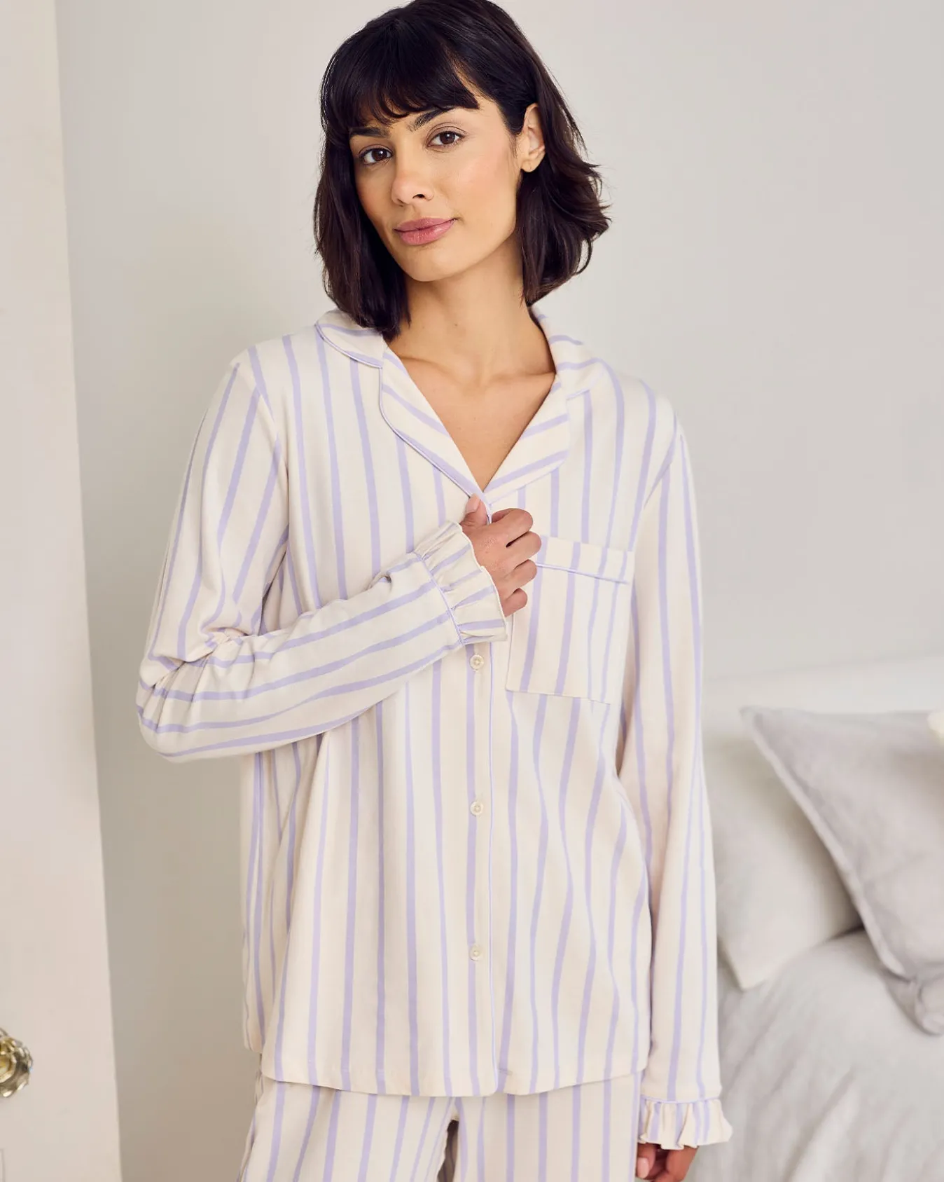 Tall Organic Cotton Lilac Stripe Frill Long Pyjama Set
