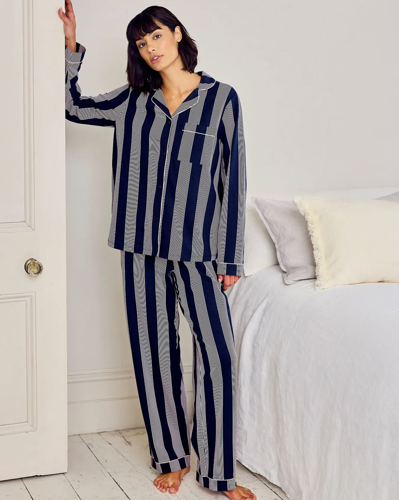 Tall Organic Cotton Stripe Button Up Pyjama Set - Navy
