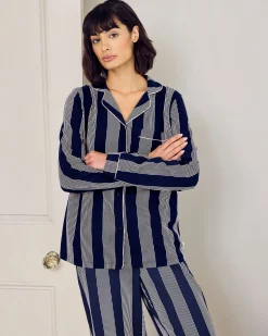 Tall Organic Cotton Stripe Button Up Pyjama Set - Navy