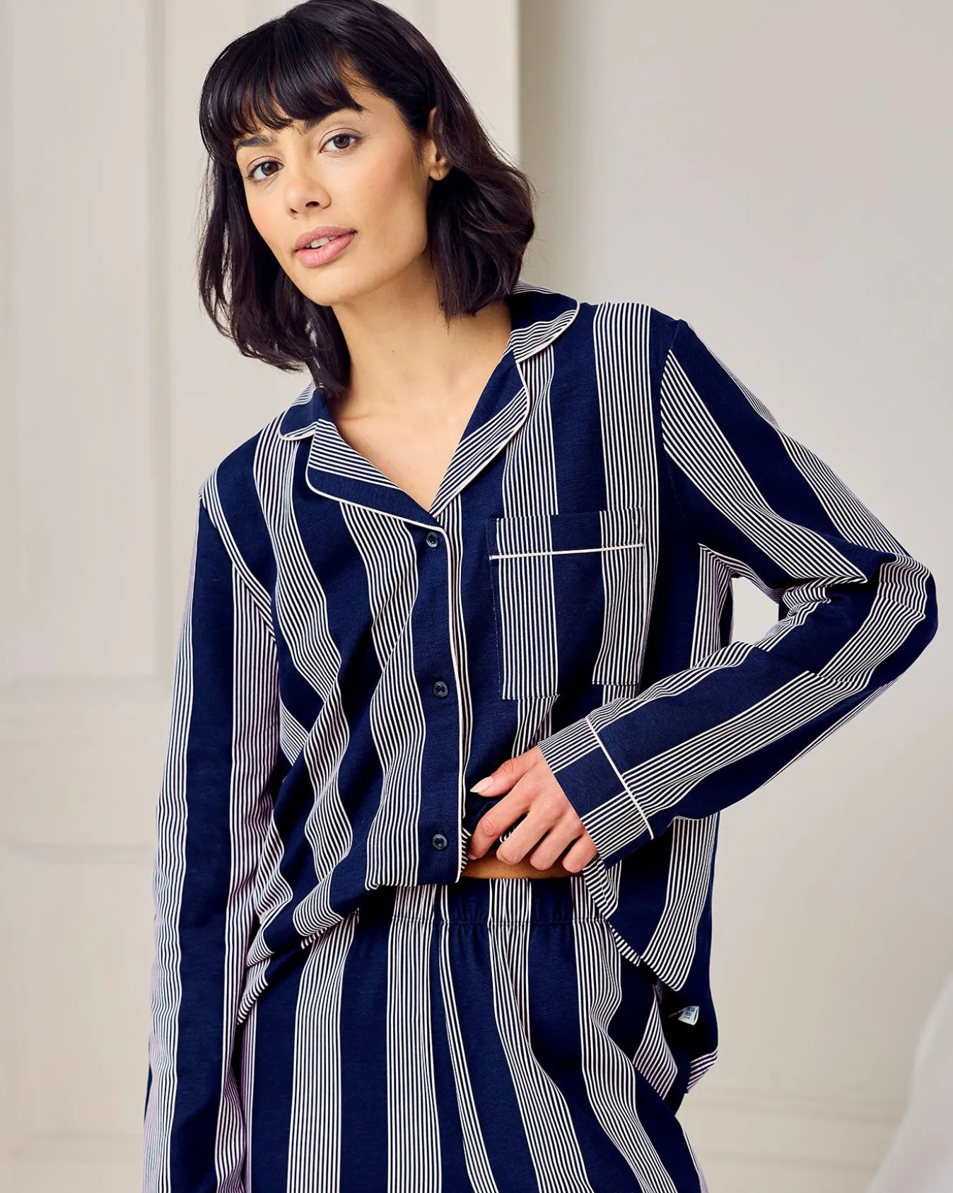 Tall Organic Cotton Stripe Button Up Pyjama Set - Navy
