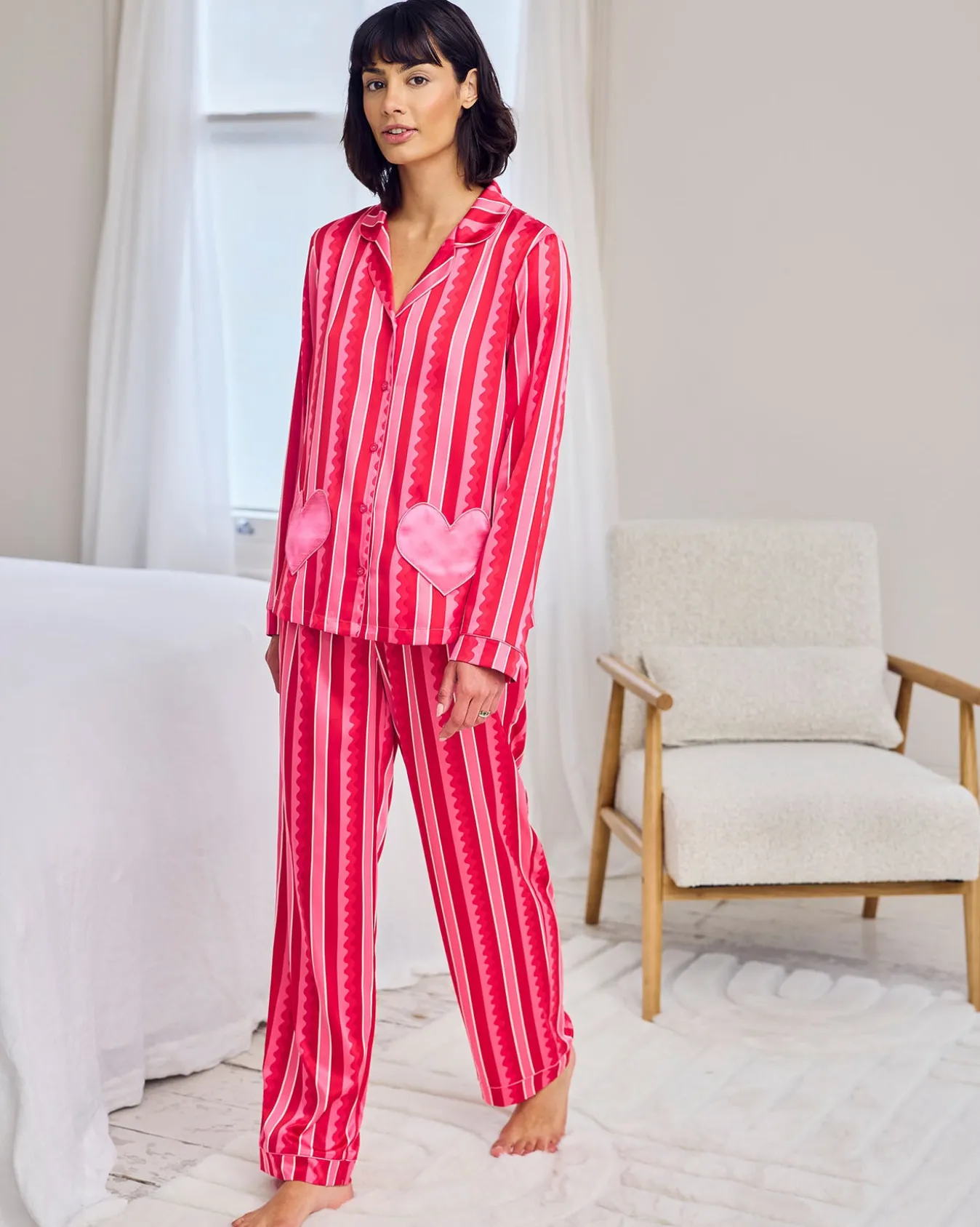 Tall Satin Heart Pocket Striped Long Pyjama Set - Pink