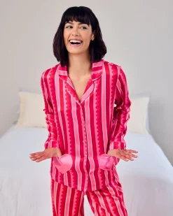 Tall Satin Heart Pocket Striped Long Pyjama Set - Pink